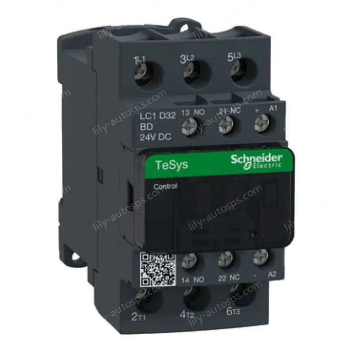 LC1D32BD IEC contactor, TeSys Deca, nonreversing, 32A, 20HP at 480VAC, up to 100kA SCCR, 3 phase, 3 NO, 24VDC coil, open style